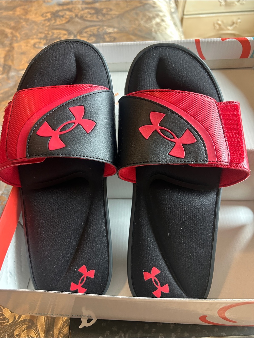 Under Armour Kids Black and Red Slide Sandals with Logo Strap